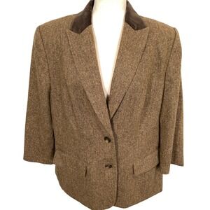 KATE HILL Blazer WOMAN 16W Brown Herringbone 3/4 Sleeve Velvet Silk Wool Jacket